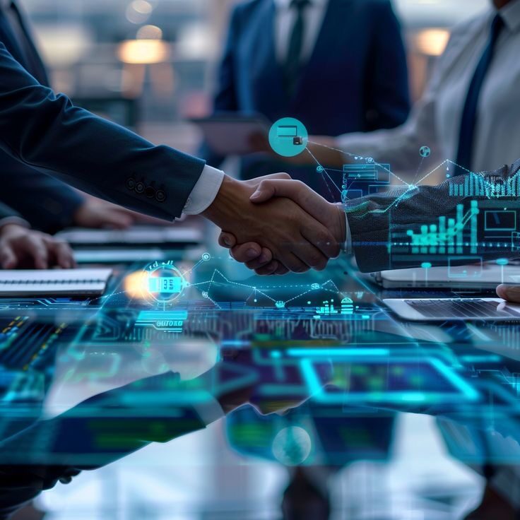 SparkBayelsa-Business professionals shaking hands technology overlay